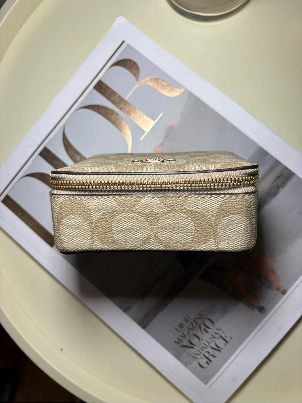 Coach Large Jewelry Box Cream Signature Canvas Zip Pouch